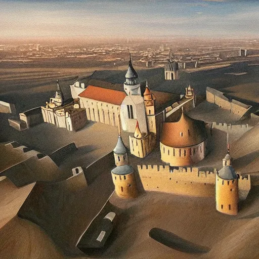 Image similar to painting of Cracow Wawel castle buried in the sands of a vast desert, most of the castle is covered in sand, beautiful lighting, detailed, realistic