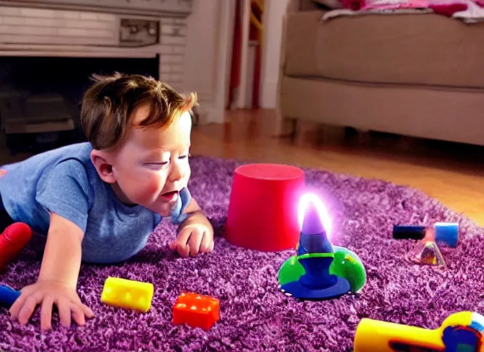 Prompt: toddler elon musk lying on a shaggy rug playing with his space rockets, realistic materials, beautiful soft lighting, wlop