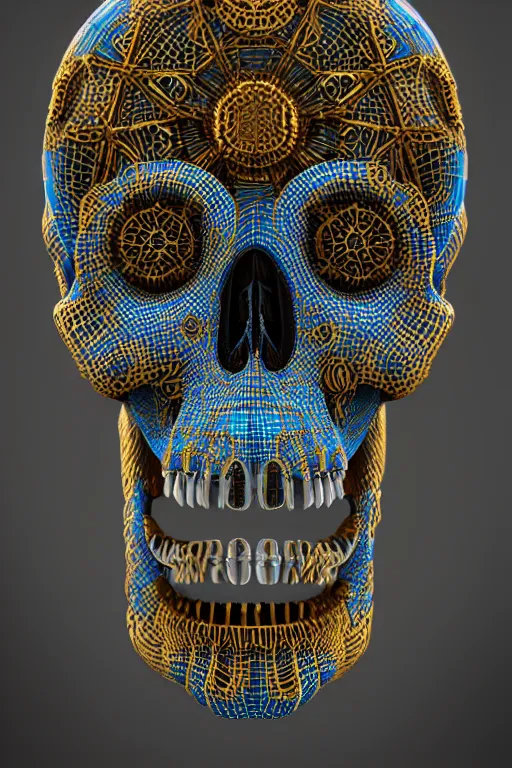 Image similar to hyperrealistic 3 d render skull, the skull is decorated with art deco gears patterns, hyperrealistic, volumetric lighting, ultra detailed, elegant, octane render, blue and gold, 8 k, trending on artstation, unreal engine