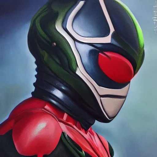 Image similar to a realistic painting by Raffaello Sanzi depicting the Kamen Rider Ichigo with the head of the symbiotic Venom in the Renaissance,smooth,Sharp focus, trending on Artstation.