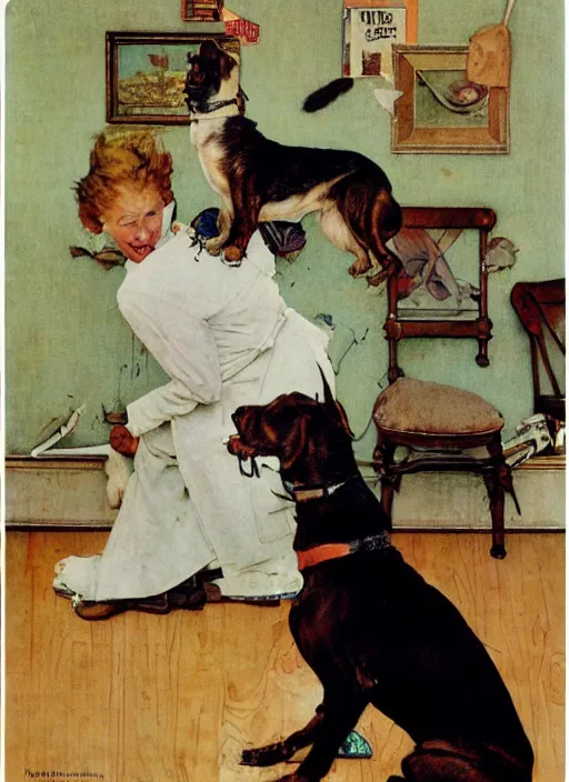 Image similar to a norman rockwell painting of an exploding dog