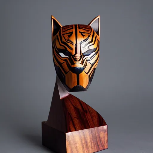 Image similar to a completely made of wood, real - world sculpture bust of the black panther marvel character, made of highly polished walnut wood, polished, cedar, polished tiger - wood. photograph, photographic, 3 5 mm