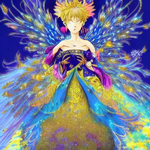 Prompt: realistic anime screenshot of a rich ethereal colorful blue hybrid of a peacock and fox, accented in bright metallic gold, wearing star filled mage robes and excessive amounts of golden jewelry and gems, art by yuji ikehata and satoshi kon, background art by miyazaki, realism, proper human proportions, fully clothed, vhs