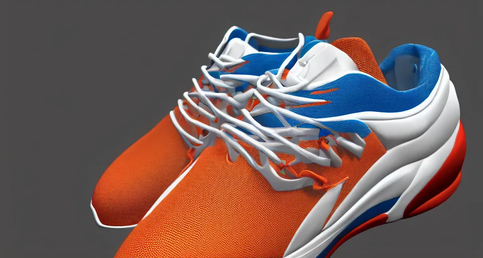 Prompt: concept running shoe in the gulf livery, artstation, octane render, 8 k, high quality, sharp focus.