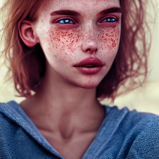 Image similar to portrait of a cute thin young woman, red blush, cute freckles, small smile, modern clothes, relaxing on the beach, cozy living room, close up shot, 8 k, art by irakli nadar, hyperrealism, hyperdetailed, ultra realistic