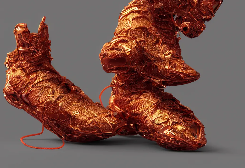 Prompt: realistic 8 k sculpture of one futuristic sneaker with neon illuminated rubber soles and soft orange laces on a grey surface, clean 3 d render, beautiful studio lighting, soft, sharp focus, cyberpunk, intricate detail, gold and red filigree, soft rubber, octane render, trending on artstation, deviantart, art by iris van herpen and syd mead and mucha