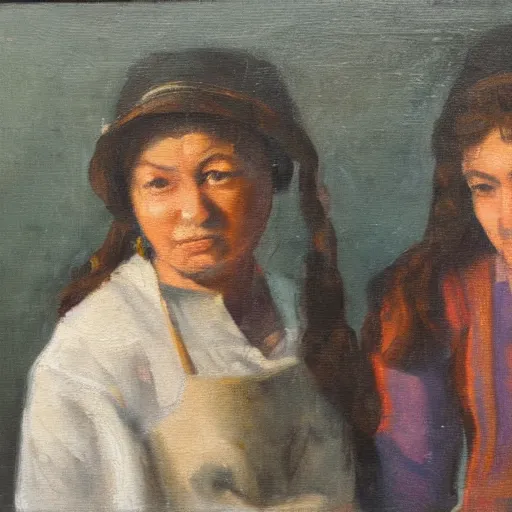 Prompt: an oil painting of two carpenters