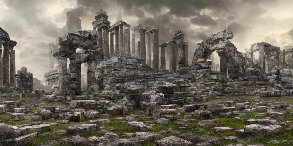 Prompt: a highly detailed matte painting of gigantic stone claws growing out of ground in ancient temple ruins, ominous, foreboding, dark, trending on artstation,