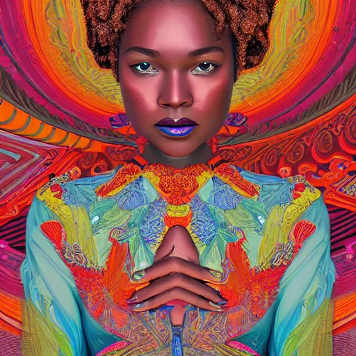 Image similar to the portrait of a beautiful and elegant young black woman made up of peppers, an ultrafine detailed illustration by james jean, intricate linework, bright colors, final fantasy, behance contest winner, vanitas, angular, altermodern, unreal engine 5 highly rendered, global illumination, radiant light, detailed and intricate environment