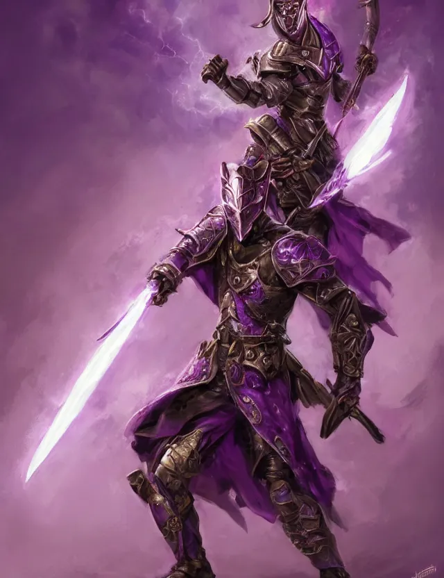 Image similar to a masked warrior in purple armour glowing violet, wielding a large purple sword that flashes with lightning, by frank fazetta and peter mohrbacher, trending on artstation, digital art, 4 k resolution, detailed, high quality, hq artwork, coherent, insane detail, concept art, character concept, character full body portrait