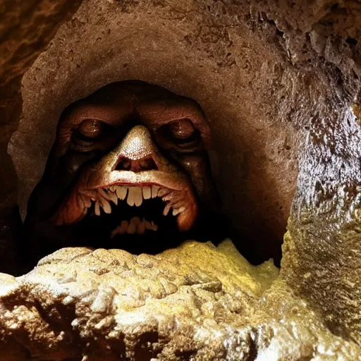 Image similar to photo inside a cavern of a wet reptilian humanoid trump partially hidden behind a rock, with black eyes, open mouth and big teeth