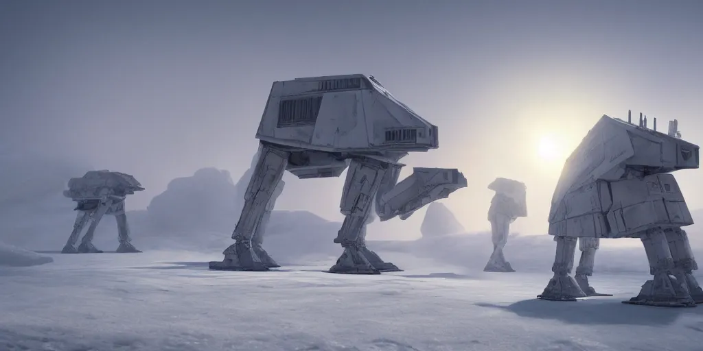 Image similar to AT-AT walker, Hoth, fog, snow, volumetric lighting, beautiful, golden hour, sharp focus, ultra detailed, cgsociety