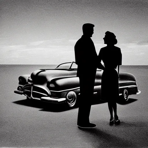 Prompt: “sunrise on a remote beach , silhouette of man holding a woman next to a 1950s car, all in silhouette, 1950s marketing advertisement”