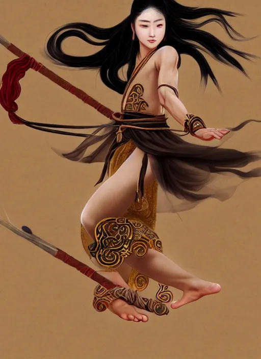 Prompt: a barefoot female dancer using a silk belt as weapon, wuxia, xianxia, barefoot, tanned skin, athletic, vivacious, absurdly beautiful, hanfu, fully clothed, chinese ribbon dance, silk belt, scorpion whip, detailed, anatomically accurate, fantasy illustration, in the style of wlop on artstation, wang liang.