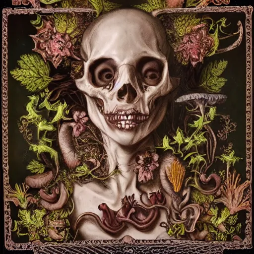 Prompt: a beautiful detailed front view baroque portrait of a rotten woman corpse becoming almost a skull with fractal plants and fractal flowers and mushrooms growing around, intricate, ornate, volumetric light, beautiful lit, polaroid photography