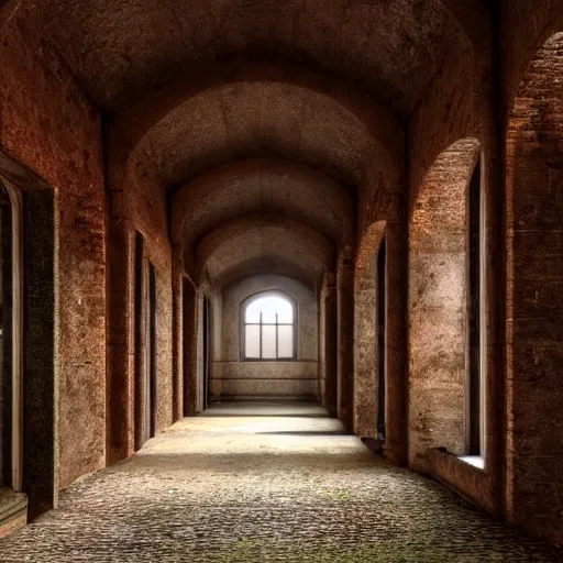 Image similar to a long littered asylum hallway, arched ceiling, one point perspective, vanishing point, symmetrical composition, rich colors, dramatic lighting, by lee madgwick, photorealistic, v - ray render 8 k uhd