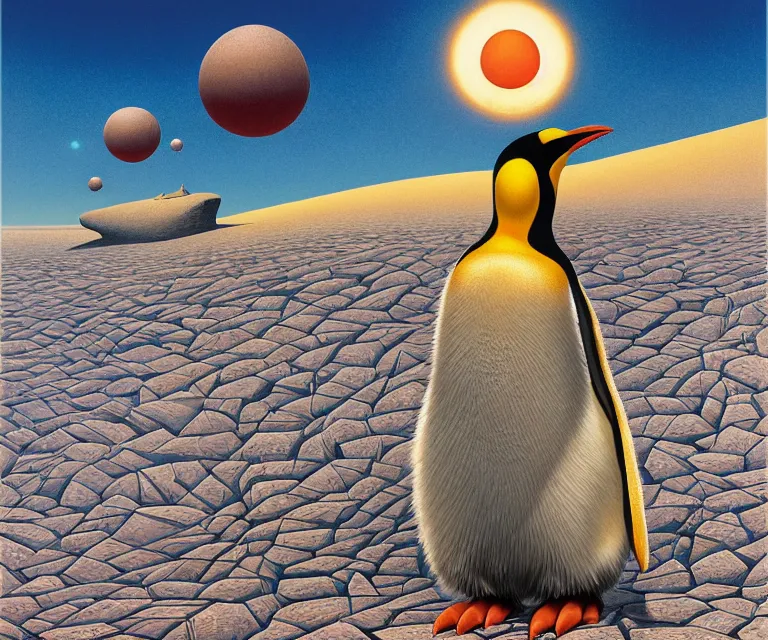 Prompt: hyper detailed 3d render like a Oil painting - a cartoon penguin in a barren desert under an unrelenting sun, by Jacek Yerka, Mariusz Lewandowski, Houdini algorithmic generative render, Abstract brush strokes, Masterpiece, Edward Hopper and James Gilleard, Zdzislaw Beksinski, Mark Ryden, Wolfgang Lettl, hints of Yayoi Kasuma, octane render, 8k