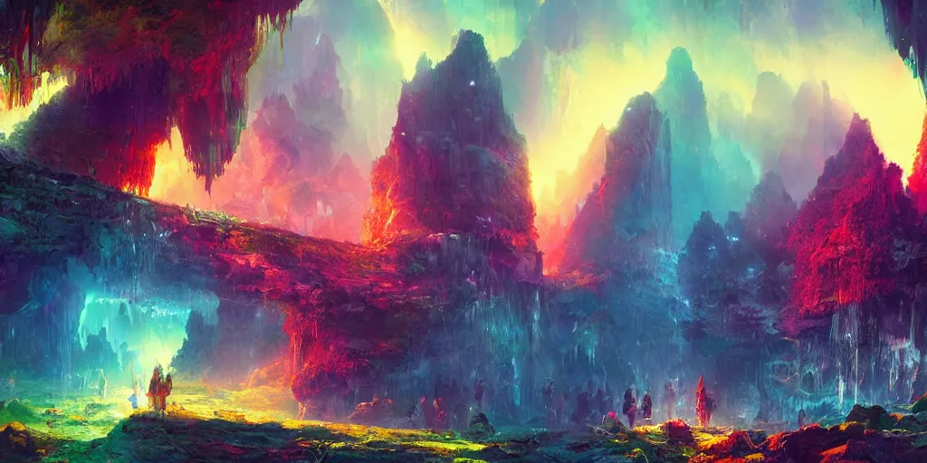 Prompt: ”mysterious crystal cavern fantasy landscape, [crepuscular rays, pools of water, rope bridges, colorful, art by wlop and paul lehr]”