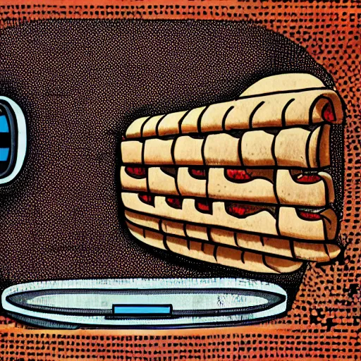 Image similar to a robot living inside a bread sandwish seen from outside, hyper detailed,