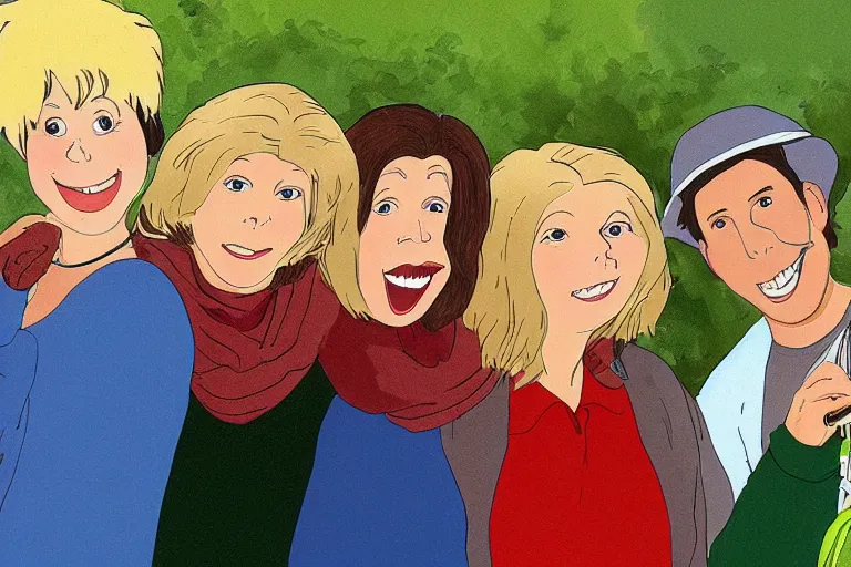 Prompt: Jennifer Saunders on the set of Friends by Studio Ghibli, digital art, illustration, cute