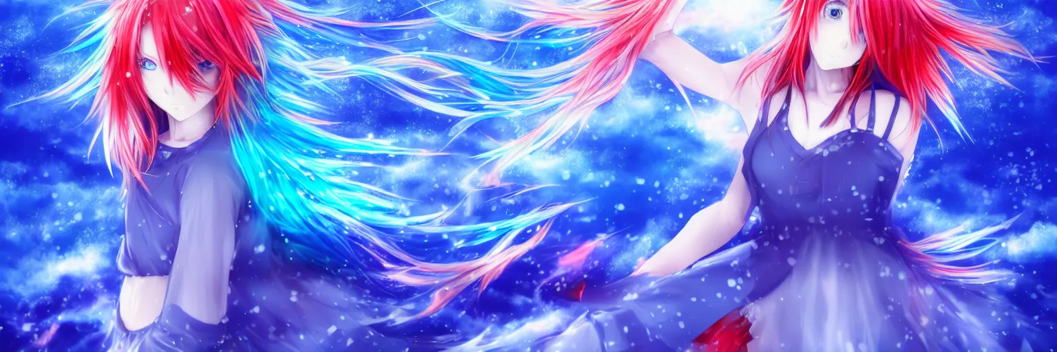 Image similar to glitched background, broken screen, advanced digital anime art, a very cute gorgeous teenage girl with a body made of fire and ice , full body, very long snow colored hair, sky blue highlights in hair, red fiery watery eyes, wearing a dress made of water, full round face, dramatic cinematic lighting, wideshot, highly intricately detailed, trending on pixiv, Artstation, painted by Rossdraws and the style of Sakimimichan