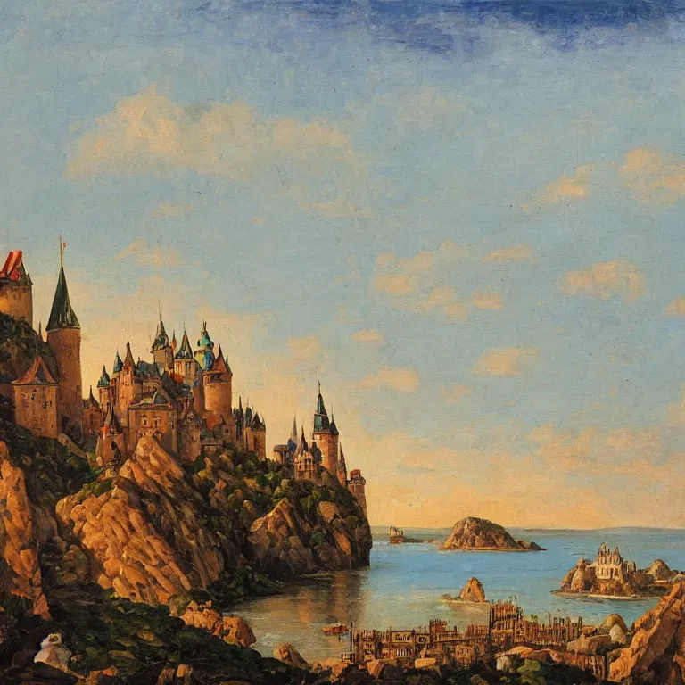Image similar to in the style of andreev, alex, art of a medieval castle and bustling town floating on top of a giant rock next to a beach and a clear blue sea mountain range