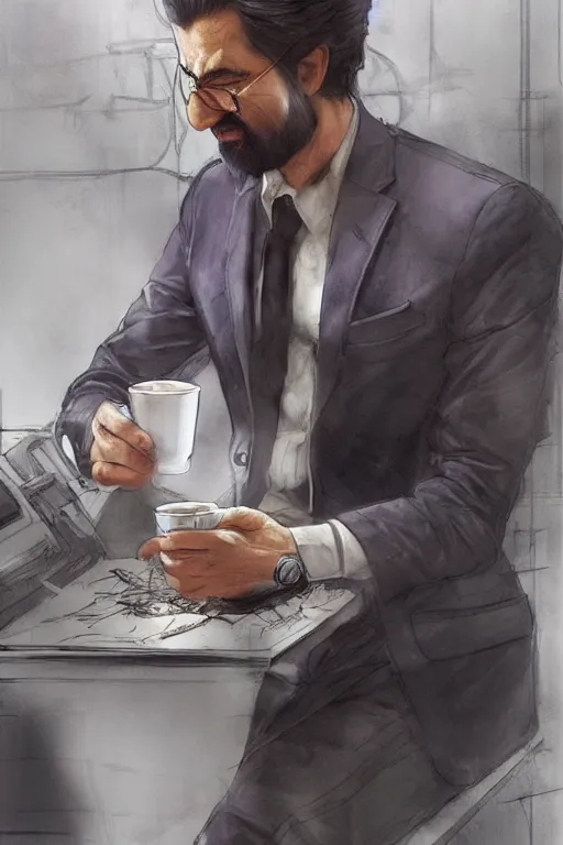 Prompt: a persian man drinking coffee from a paper cup at his work cubicle, by artgerm and yoshitaka amano, trending on artstation