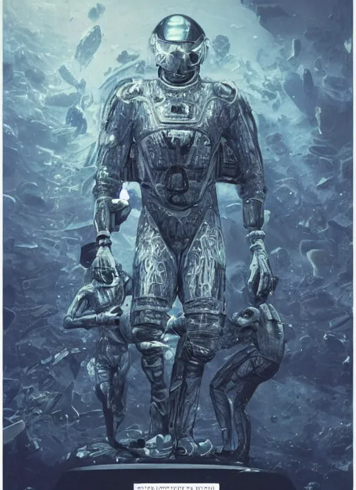 Image similar to astronauts in dark and empty void underwater - complex and hyperdetailed technical suit. reflection and dispersion materials. rays and dispersion of light. volumetric light. 5 0 mm, f / 3 2. noise film photo. flash photography. ultra realistic, wide angle. poster by wayne barlowe, hajime sorayama aaron horkey, craig mullins