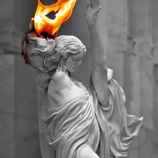 Image similar to a marble statue, on fire, dramatic photo
