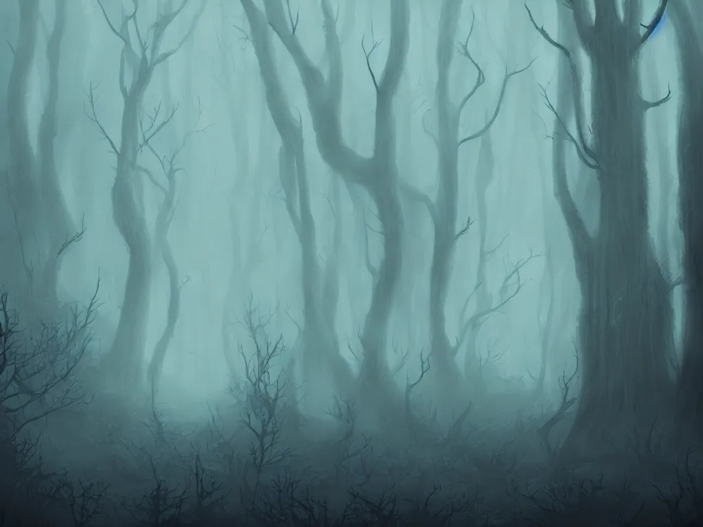 Prompt: fantasy haunted dark forest, foggy, detailed, digital art, a dark forest with evil spirits that lurk in the shadows, by Anato Finnstark, artstation