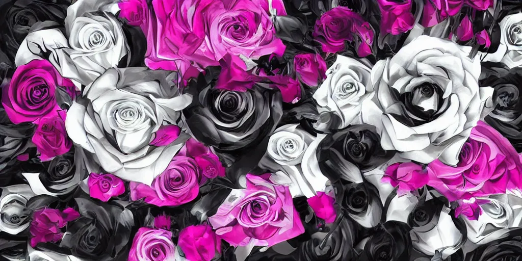 Image similar to magic invisible blade slicing through a bouquet of black and white and pink roses, flowers exploding and spraying, big puffy clouds, sharp rain, large rose petals, lotus petals, large polygonal background elements, large polygons, dramatic anime, dramatic lighting, artgerm, manga, trending on artstation, art nouveau, mature colors