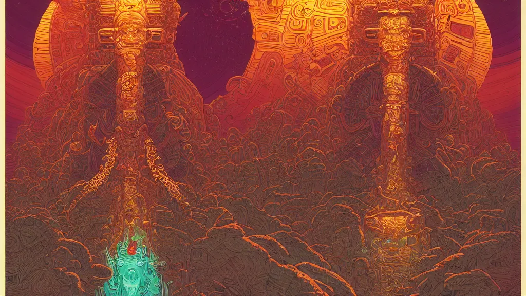 Prompt: highly detailed illustration of a mayan god by kilian eng, by moebius!, by oliver vernon, by kyle hotz, by dan mumford