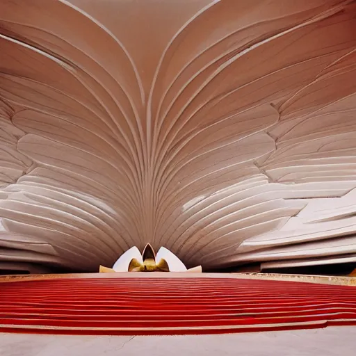 Image similar to interior of a futuristic lotus temple with gold, red and white marble panels, in the desert, by buckminster fuller and syd mead, intricate contemporary architecture, photo journalism, photography, cinematic, national geographic photoshoot