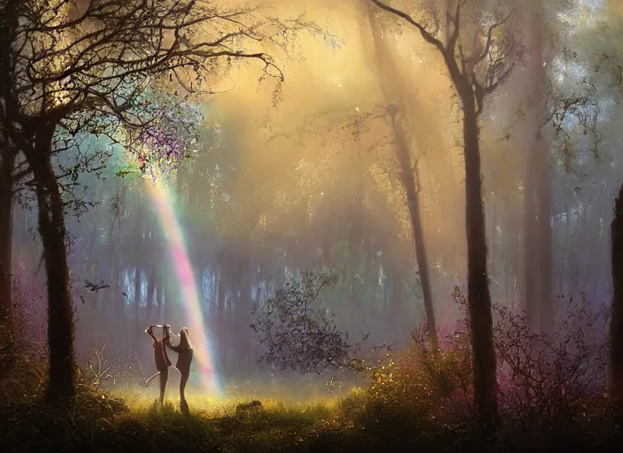 Image similar to misty swamp, hazy fog, sundown golden hour, early morning dance, smile, fireflies and sparkling wisps, rainbow sun rays through trees, Lilia Alvarado, Sophie Anderson, Mark Arian, Bob Byerley, Charlie Bowater, Mark Brooks, Steve Henderson, Justin Gerard, Arthur Hughes, Edward Robert Hughes, Mark Keathley, Victor Nizovtsev, Carlos Shwabe, Ross Tran, WLOP