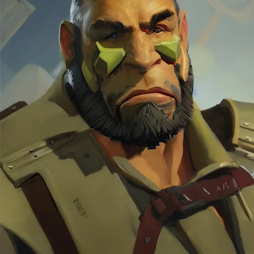 Image similar to greg manchess close - up portrait painting of a handsome older male dieselpunk orc with olive green skin as an overwatch character, medium shot, asymmetrical, profile picture, organic painting, sunny day, matte painting, bold shapes, hard edges, street art, trending on artstation, by huang guangjian and gil elvgren and sachin teng