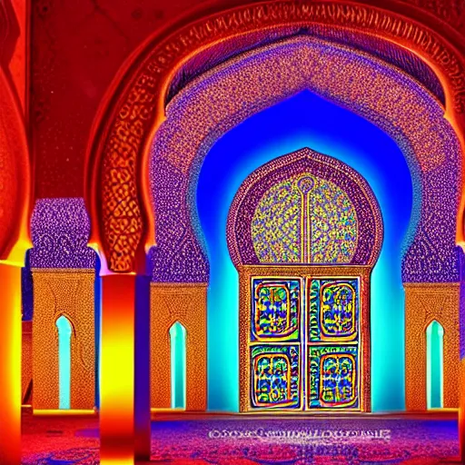 Prompt: cosmic cathedral created by the gods, large ( ( ( ( muqarnas ) ) ) ) beautiful moroccan colors, bold architecture, detailed, 4 k