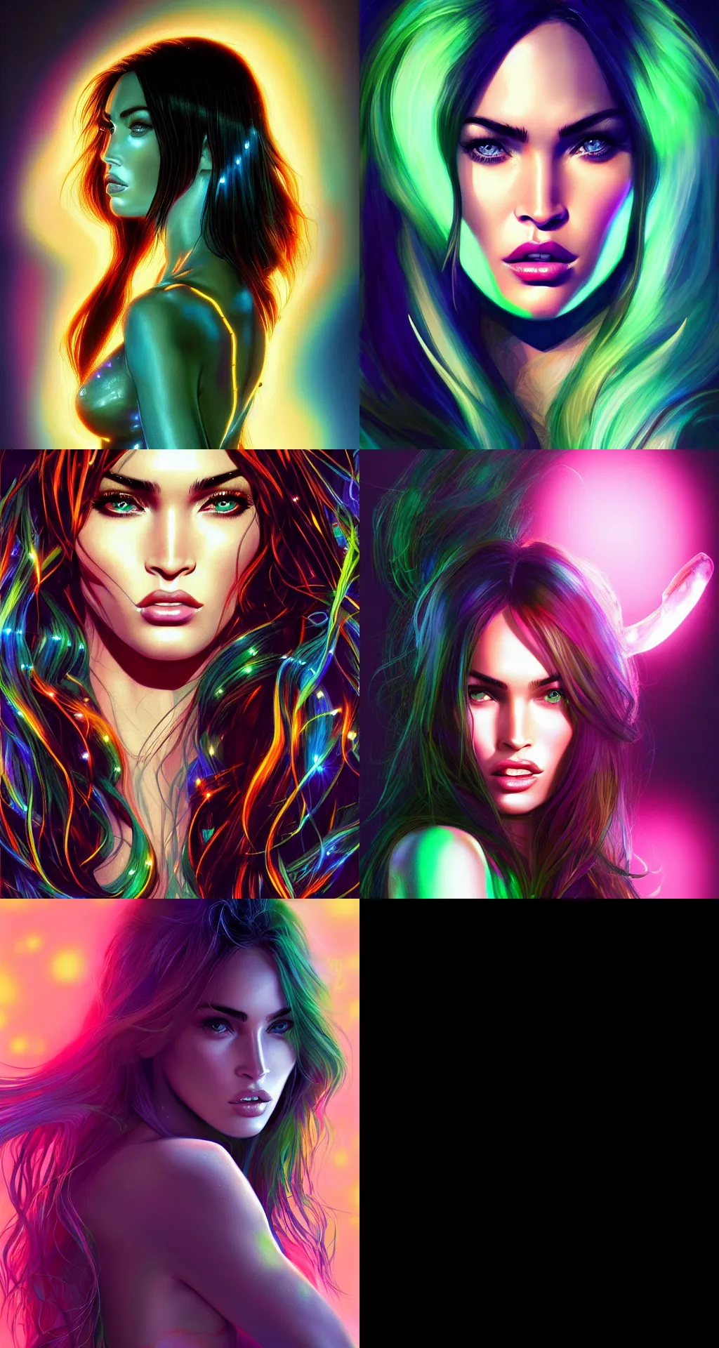 Prompt: portrait of a bioluminescent megan fox, fashion, beautiful, elegant colorful, artstation trending, deviantart, highly detailed, focus, smooth, by hirohiko araki, yoshitaka amano