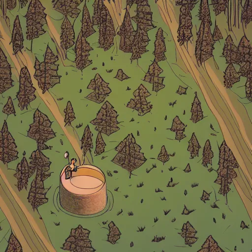Image similar to aerial isometric view illustration of single hooded explorer in middle of lush forest , highly detailed, sunset, by , Max Prentis, Moebius, Laurie Greasley