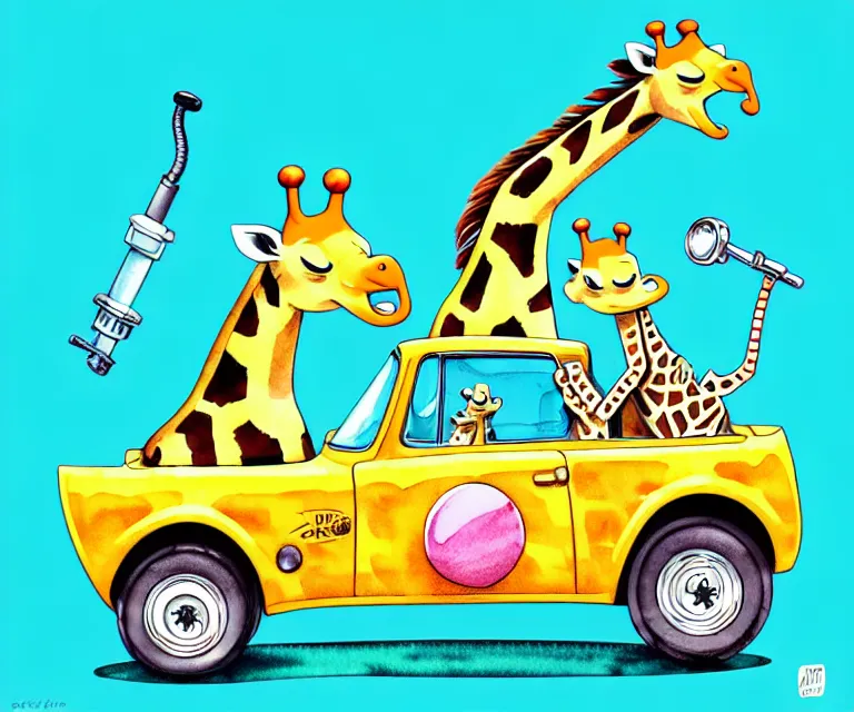 Prompt: cute and funny, giraffe wearing a helmet riding in a tiny hot rod with oversized engine, ratfink style by ed roth, centered award winning watercolor pen illustration, isometric illustration by chihiro iwasaki, edited by range murata, tiny details by artgerm and watercolor girl, symmetrically isometrically centered, focused