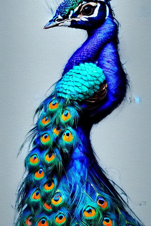 Prompt: a beautiful portrait of a cute peacock by sandra chevrier and greg rutkowski and wlop, purple blue color scheme, high key lighting, volumetric light, digital art, highly detailed, fine detail, intricate, ornate, complex, octane render, unreal engine, photorealistic