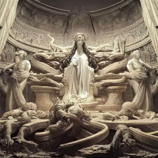 Prompt: the altar of Medusa, shrine with statues, hyperdetailed, artstation, cgsociety, by greg rutkowski, by Gustave Dore