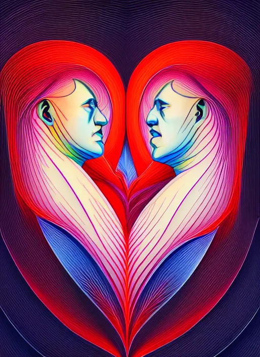 Image similar to 1 px color ink art by santiago calatrava, perfectly centered symmetrical balanced male and female portrait of man and woman in love sharing one heart. high coherence ; fractal geometrical 8 k ultra hd