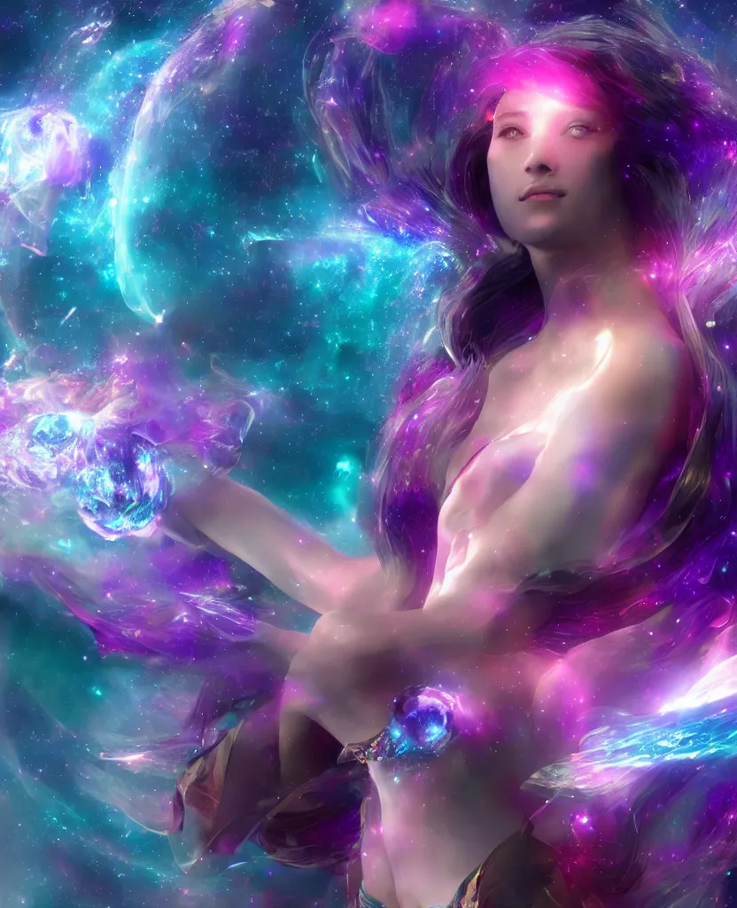 Image similar to Celestial goddess of time and space floating in the cosmos striking beauty oracle trending on artstation purple amathist color scheme + gemstone crystals + realistic + photorealistic + octane render