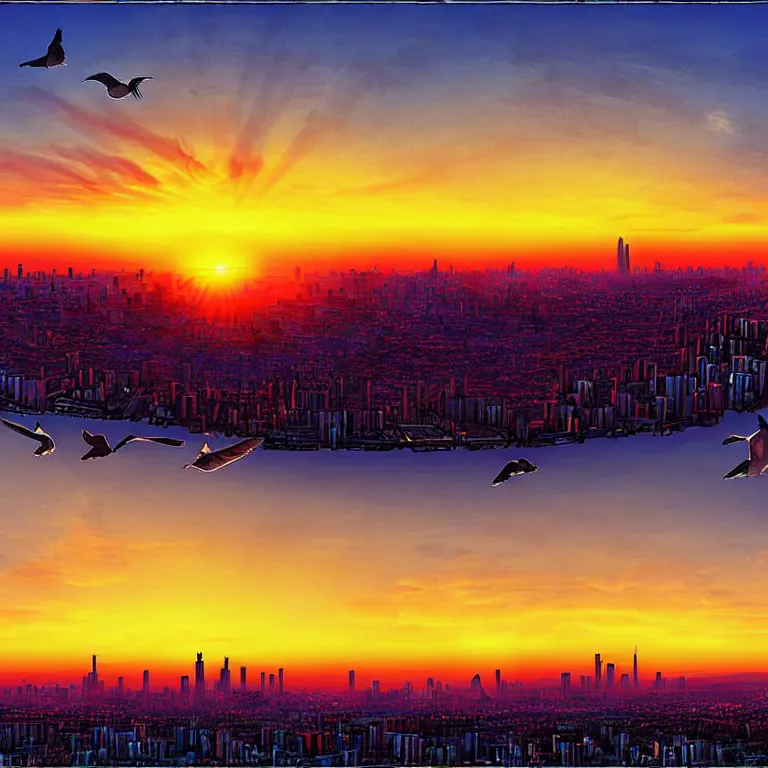 Prompt: birdseye view of a sunrise over a city, art by wain louis