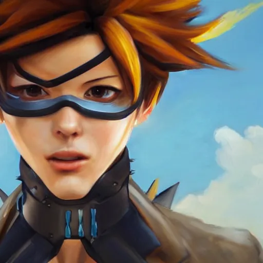 Prompt: oil painting of tracer overwatch in a field wearing thick spiked collar around neck, in style of greg rutkowski, expressive face, wearing choker, large steel collar, steel choker, wearing collar on neck, detailed face, detailed eyes, full body, feminine face, tracer overwatch,