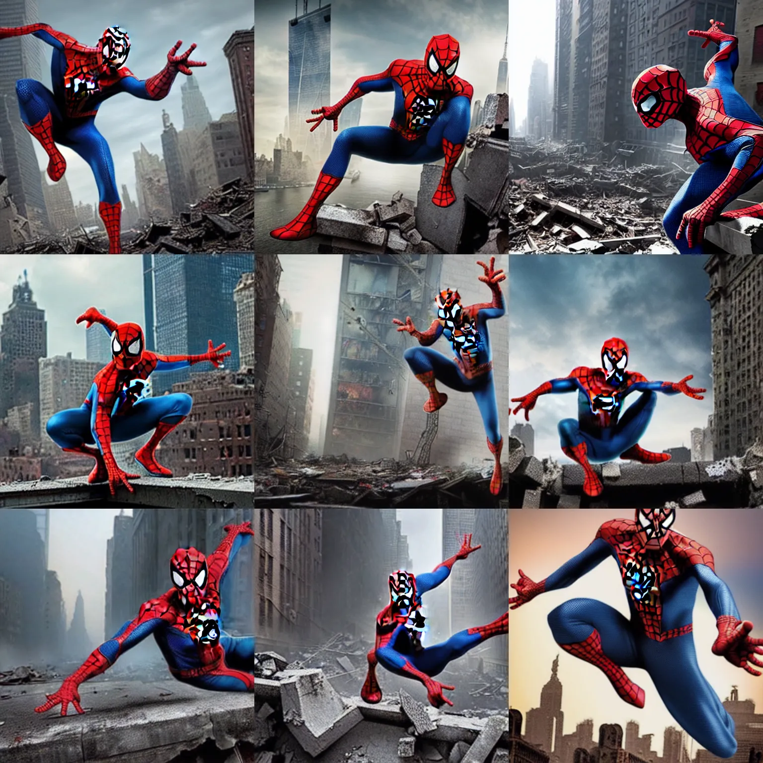 Prompt: Spiderman gliding through the ruins of post apocalyptic new York