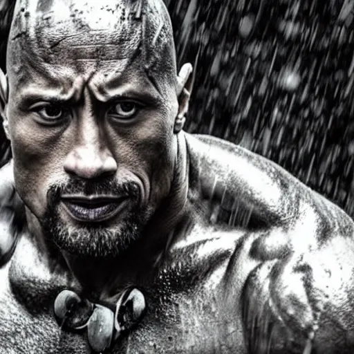 Prompt: Dwayne Johnson as samurai , under rain, dramatic, sad ambience, an film still