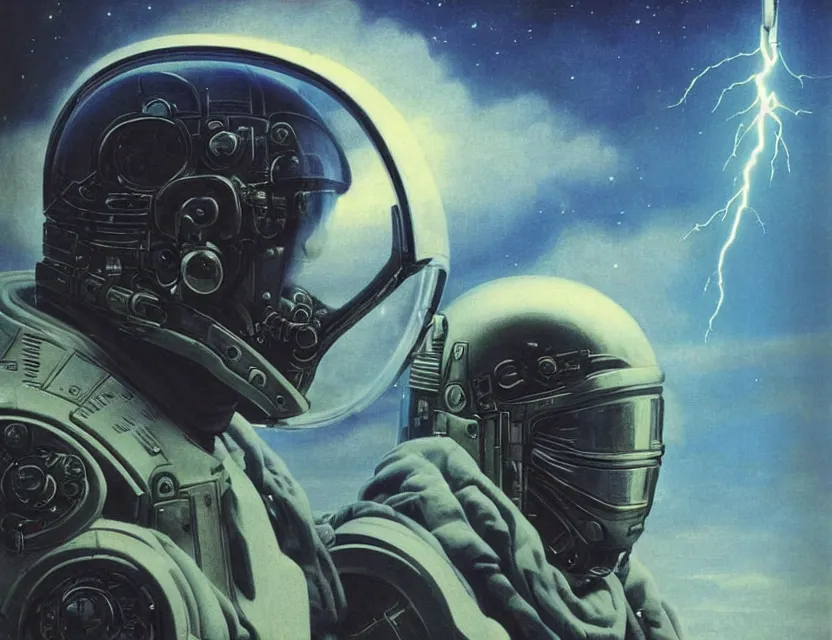 Prompt: a detailed close up portrait painting of a bounty hunter in combat armour and visor. cinematic sci-fi poster. Flight suit, accurate anatomy. portrait symmetrical and science fiction theme with lightning, aurora. lighting. clouds and stars. Futurism by beksinski carl spitzweg moebius and tuomas korpi. baroque elements. baroque element. intricate artwork by caravaggio. Oil painting. Trending on artstation. 8k