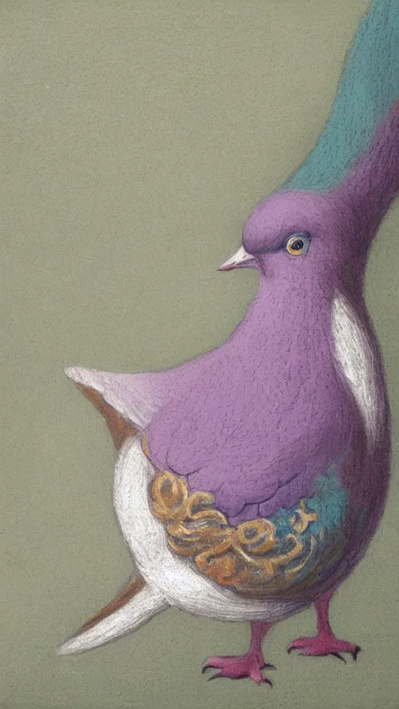 Prompt: rococo painting of a pigeon, pastel colour palette, iridescent