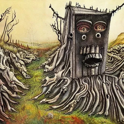 Prompt: painting of a landscape by tim burton and h. r. giger | horror themed | creepy